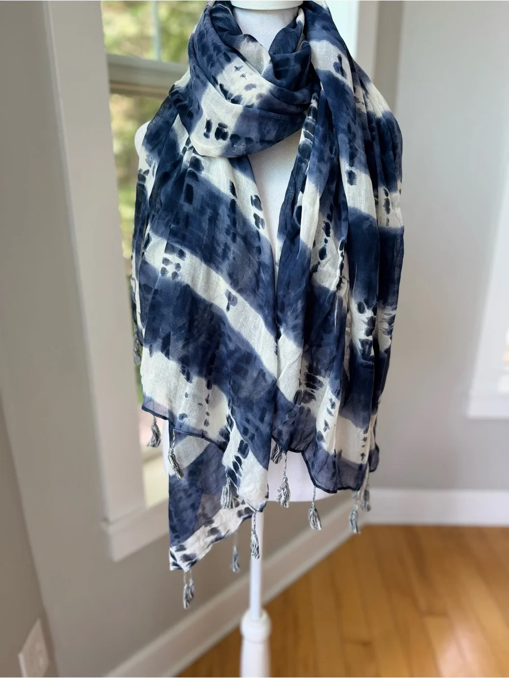 Vintage Navy and White Woven Tie-Dye Scarf Wrap with Tassels